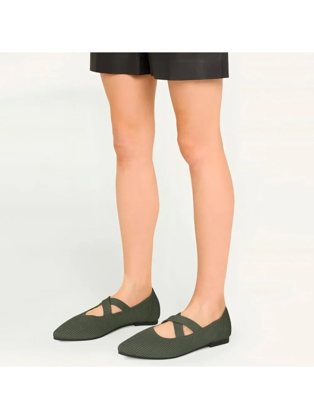 Women's Green Knit Mary Jane Flats Pointed Toe Comfortable Slip On Dressy Shoes